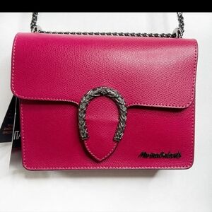 Marina Galanti Crossbody Bag Fuchsia Pink Leather Silver Chain Strap NWT